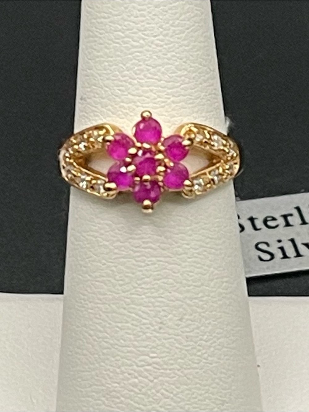 14k Gold Overlay Sterling Silver Simulated Ruby & Zircon Flower Ring Size 6